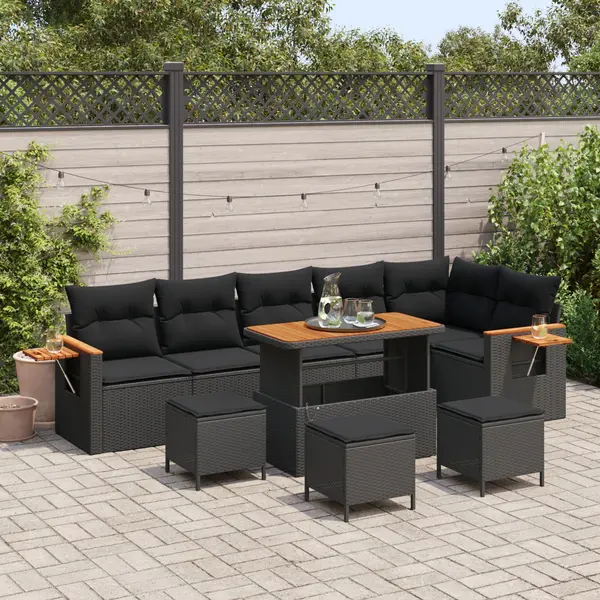 Set de canapea gradina 9 piese cu perne negru poliratan acacia, set dining gradina 3 piese cu perne negru poliratan acacia
