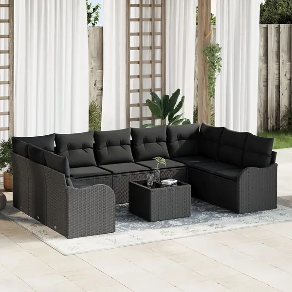 Set de canapea gradina Gossi 10 piese cu perne bej din ratan pvc, canapea gradina cu 2 locuri Gossi cu perne negre din ratan pvc