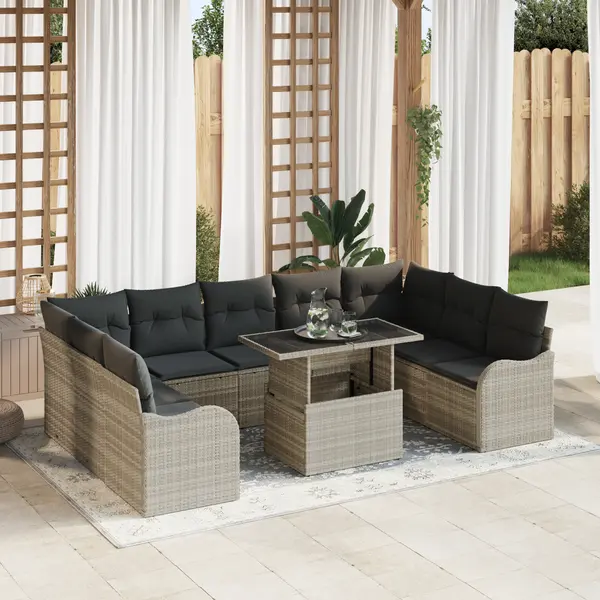 Set de canapea gradina Gossi 10 piese cu perne gri deschis din ratan poly, canapea gradina Gossi 2 locuri cu perne gri deschis din ratan poly