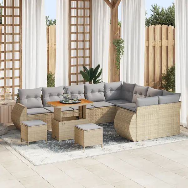 Set de canapea gradina Gossi 12 piese cu perne bej ratan poliratan acacia, set de dining gradina Gossi 3 piese cu perne bej ratan poliratan acacia