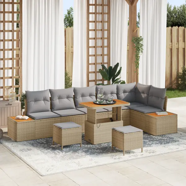 Set de canapea gradina Gossi cu 9 piese si perne bej poliratan acacia, set de dining gradina Gossi cu 3 piese si perne bej poliratan acacia