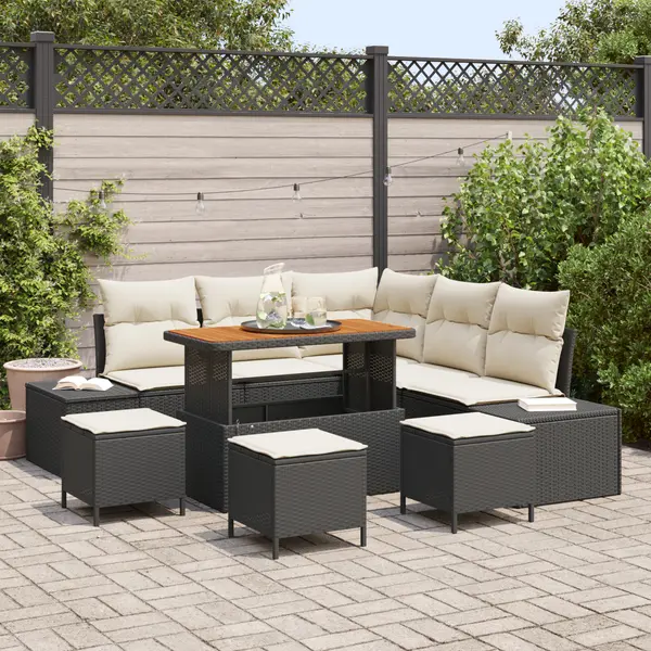 Set de canapea gradina Gossi cu perne negru poliratan acacia, canapea gradina Gossi cu 2 locuri cu spatiu de depozitare & perne negru poliratan, set de dining gradina Gossi cu 4 piese cu perne negru poliratan acacia