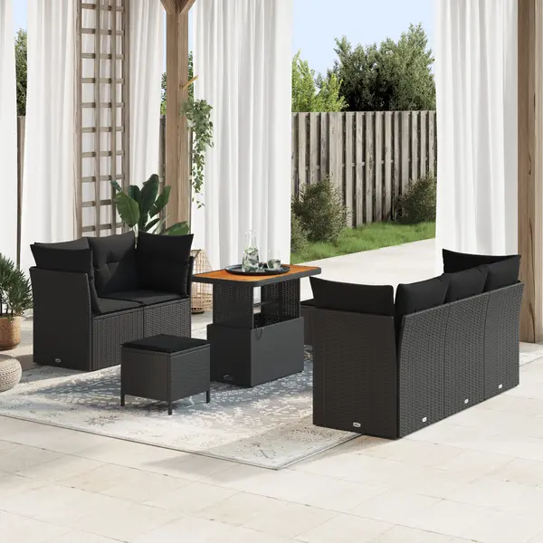 Set de canapea gradina Gossi cu perne negru ratan poli acacia, set de dining gradina Gossi cu perne negru ratan poli acacia