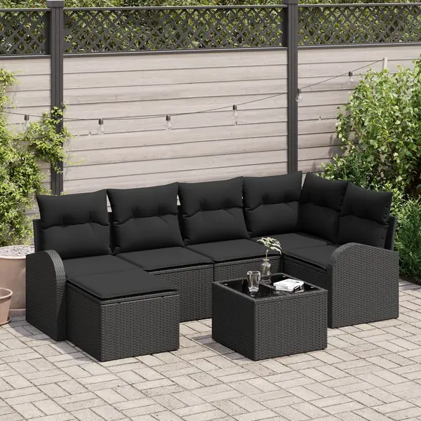 Set de canapea gradina Gossi cu pernite bej ratan poli, canapea gradina Gossi cu 2 locuri cu depozitare & pernite ratan poli negru