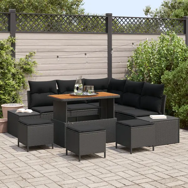 Set de canapea pentru gradina 8 piese cu perne negru poliratan acacia, canapea de gradina cu 2 locuri si perne negru poliratan, set de dining pentru gradina 3 piese cu perne negru poliratan acacia