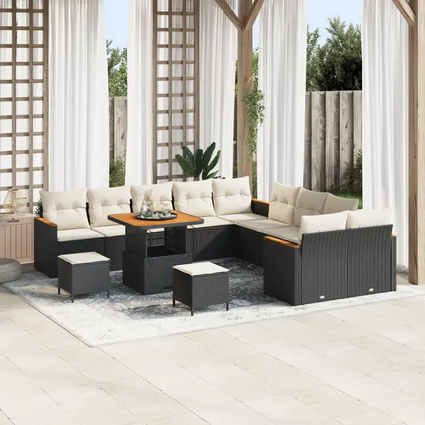 Set de canapea pentru gradina de 13 piese cu perne negru poliratan acacia, set de dining pentru gradina de 3 piese cu perne negru poliratan acacia