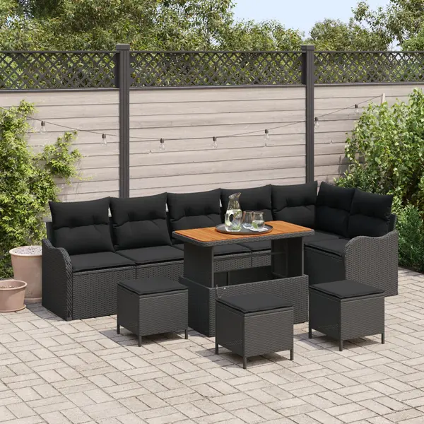 Set de canapea pentru gradina Gossi 10 piese cu perne ratan poli negru acacia, canapea gradina 2 locuri Gossi cu perne ratan poli negru, set de dining pentru gradina Gossi 4 piese cu perne ratan poli negru acacia