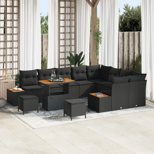 Set de canapea pentru gradina Gossi 12 piese cu perne negru poliratan acacia, canapea de gradina Gossi 2 locuri cu depozitare si perne negru poliratan, set de dining pentru gradina Gossi 3 piese cu perne negru poliratan acacia