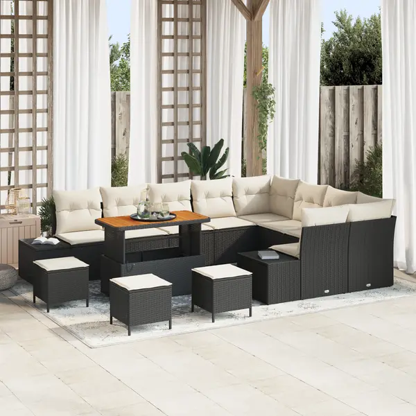 Set de canapea pentru gradina Gossi, 13 piese cu perne, negru, poliratan, acacia, set de dining pentru gradina Gossi, 4 piese cu perne, negru, poliratan, acacia, canapea de gradina Gossi, 2 locuri, cu perne, negru, poliratan