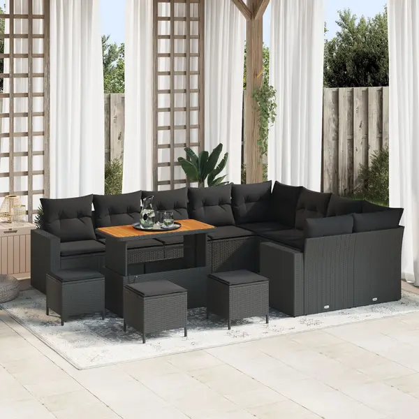 Set de canapea pentru gradina Gossi 13 piese cu perne negru poliratan acacia, set de dining pentru gradina Gossi 4 piese cu perne negru poliratan acacia