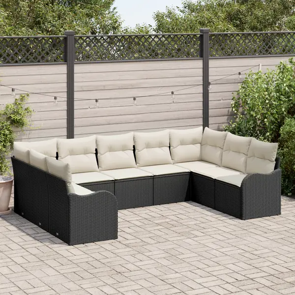 Set de canapea pentru gradina Gossi 9 piese cu pernute negru poliratan, canapea pentru gradina Gossi 2 persoane cu spatiu de depozitare si pernute negru poliratan
