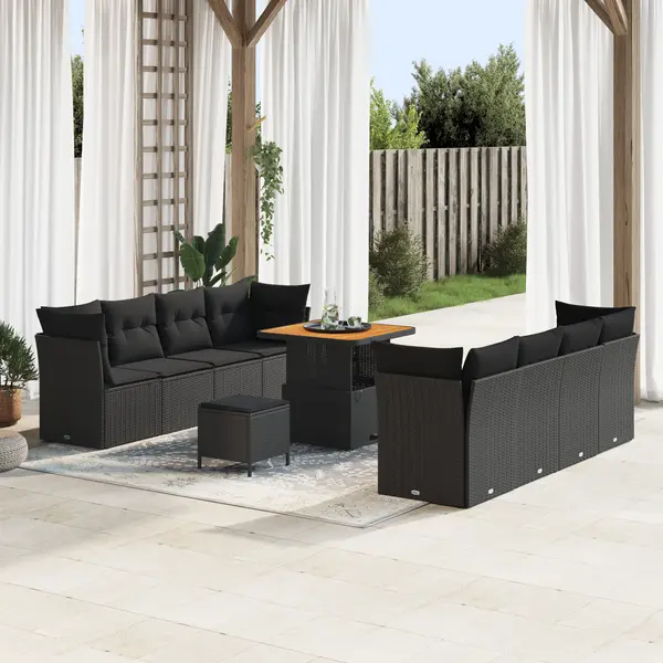 Set de canapea pentru gradina Gossi cu 11 piese cu perne negru ratan poli acacia, set de dining pentru gradina Gossi cu 3 piese cu perne negru ratan poli acacia
