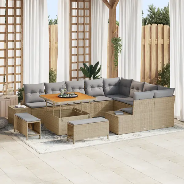 Set de canapea pentru gradina Gossi cu 12 piese cu perne bej poli ratan acacia, set de dining pentru gradina Gossi cu 3 piese cu perne bej poli ratan acacia, canapea exterioara cu 2 locuri Gossi cu perne bej poli ratan