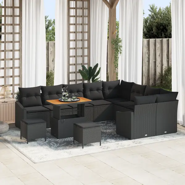 Set de canapea pentru gradina Gossi cu 12 piese si perne negru ratan polimeric acacia, set de dining pentru gradina Gossi cu 3 piese si perne negru ratan polimeric acacia, canapea de gradina cu 2 locuri Gossi cu perne negru ratan polimeric
