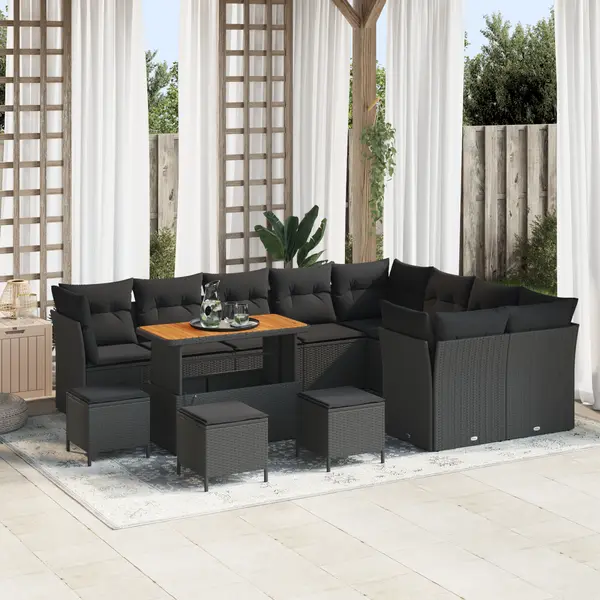 Set de canapea pentru gradina Gossi cu 13 piese si perne negru poliratan acacia, set de dining pentru gradina Gossi cu 4 piese si perne negru poliratan acacia