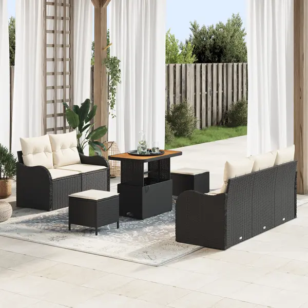 Set de canapea pentru gradina Gossi cu 8 piese si perne - ratan poliratan negru, canapea de gradina cu 2 locuri Gossi cu spatiu de depozitare si perne - ratan poliratan negru, set de dining pentru gradina cu 3 piese si perne - ratan poliratan negru