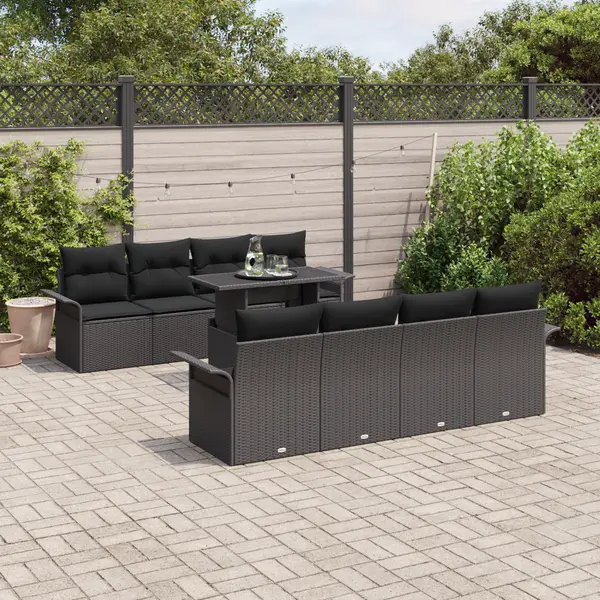 Set de canapea pentru gradina Gossi cu 9 piese si perne disponibile in negru poliratan, canapea de gradina Gossi pentru 2 persoane cu depozitare si perne in negru poliratan