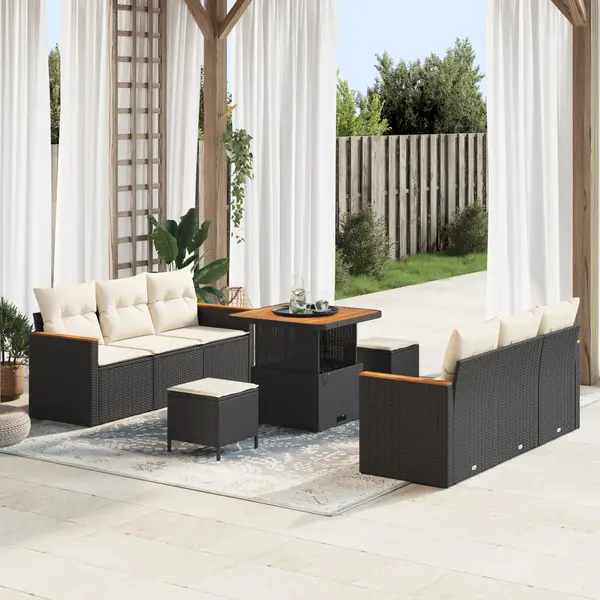 Set de canapea pentru gradina Gossi cu 9 piese si perne negre din ratan polimeric acacia, set de dining pentru gradina Gossi cu 3 piese si perne negre din ratan polimeric acacia