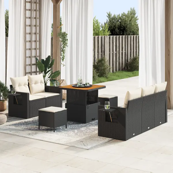 Set de canapea pentru gradina Gossi cu perne negre din ratan poliester acacia, set de dining pentru gradina Gossi cu 3 piese cu perne negre din ratan poliester acacia