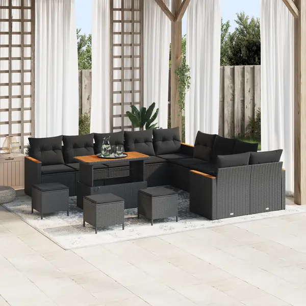 Set de canapea pentru gradina Gossi cu perne, negru, ratan sintetic, acacia, set de dining pentru gradina Gossi, 4 piese, cu perne, negru, ratan sintetic, acacia