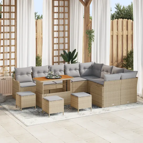 Set de canapele de gradina Gossi 13 piese cu perne bej din poli ratan si acacia, canapea de gradina Gossi cu 2 locuri si depozitare cu perne bej din poli ratan, set dining de gradina Gossi cu 4 piese si perne bej din poli ratan acacia