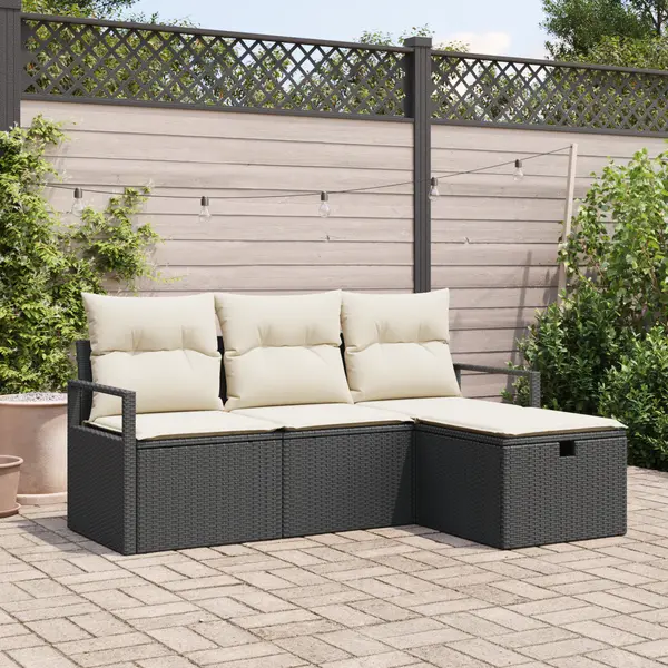 Set de canapele de gradina Gossi 4 piese cu perne negru ratan poliester, canapea de gradina Gossi 2-sezatoare cu perne negru ratan poliester