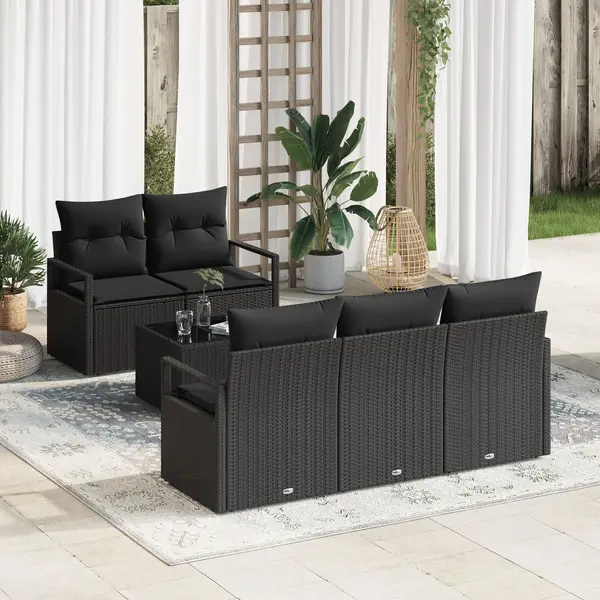 Set de canapele de gradina Gossi 6 piese cu perne negru poli ratan, canapea de gradina Gossi 2 locuri cu spatiu de depozitare si perne negru poli ratan