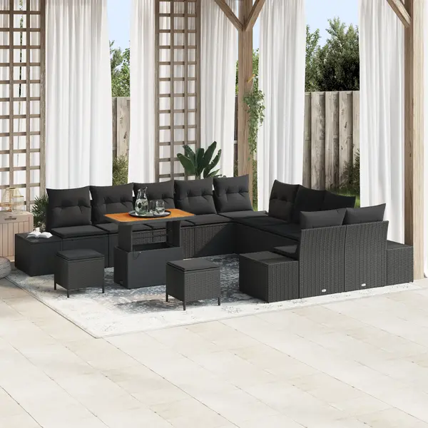 Set de canapele de gradina Gossi cu 13 piese cu perne negru poliratan acacia, canapea de gradina Gossi cu 2 locuri cu spatiu de depozitare si perne negru poliratan, set de dining de gradina Gossi cu 3 piese cu perne negru poliratan acacia