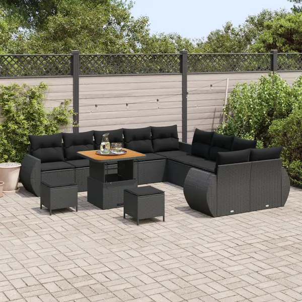 Set de canapele de gradina Gossi cu perne negru poliratan acacia, set de dining pentru gradina Gossi cu perne negru poliratan acacia