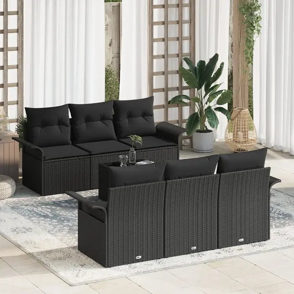 Set de canapele de gradina Gossi cu perne negru poliratan, canapea de gradina Gossi cu 2 locuri si spatiu de depozitare & perne negru poliratan