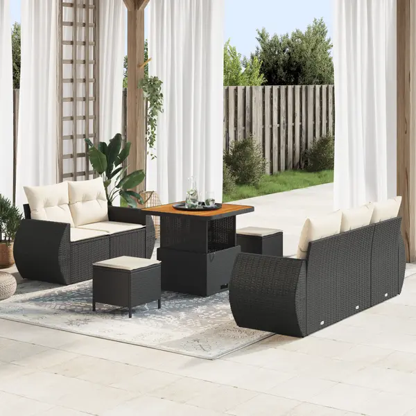 Set de canapele de gradina Gossi cu perne pe 8 piese negru poliratan acacia, set de mese de gradina Gossi cu perne pe 3 piese negru poliratan acacia