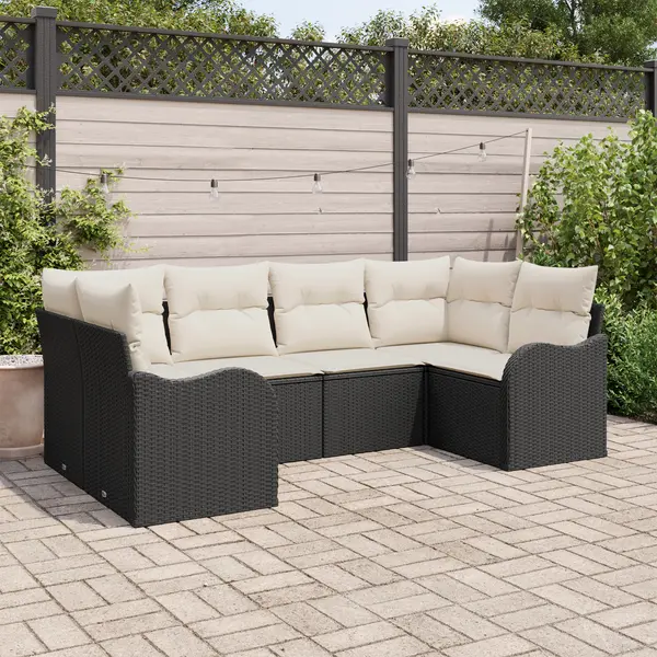 Set de canapele gradina 6 piese cu pernute ratan poli negru, canapea de gradina cu 2 locuri cu spatiu de stocare si pernute ratan poli negru