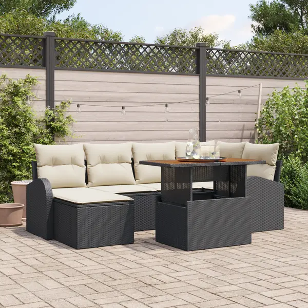 Set de canapele gradina Gossi cu perne negru ratan poli 7 piese, canapea gradina Gossi pentru 2 persoane cu stocare & perne negru ratan poli