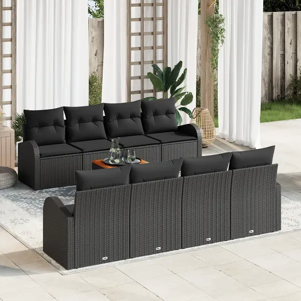 Set de canapele gradina Gossi de 9 piese cu pernite negru ratan polimer acacia, canapea gradina Gossi pentru 2 persoane cu spatiu de depozitare & pernite negru ratan polimer