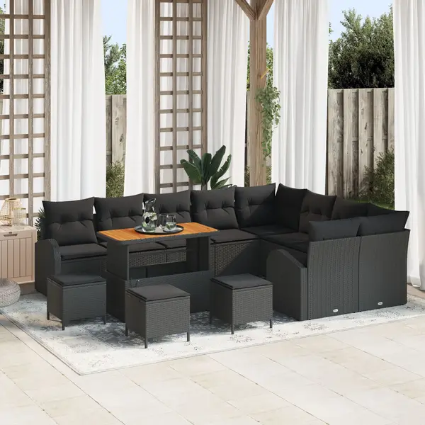 Set de canapele pentru gradina cu 13 piese si perne negru poli ratan acacia, canapea pentru gradina cu 2 locuri si spatiu de depozitare & perne negru poli ratan, set de dining pentru gradina cu 4 piese si perne negru poli ratan acacia
