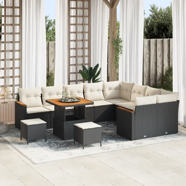 Set de canapele pentru gradina Gossi 12 piese cu pernute negre poliratan acacia, set de dining pentru gradina Gossi 3 piese cu pernute negre poliratan acacia