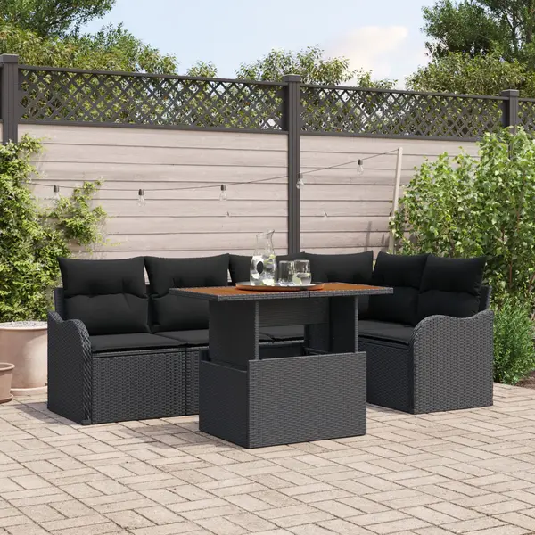 Set de canapele pentru gradina Gossi 6 piese cu perne negre din ratan poliratan acacia, sofa pentru gradina Gossi 2-locuri cu perne negre din ratan poliratan