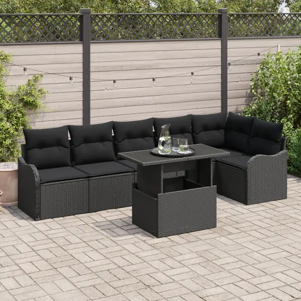 Set de canapele pentru gradina Gossi cu 7 piese cu perne negru ratan poli, canapea pentru gradina de 2 locuri cu spatiu de depozitare si perne negru ratan poli