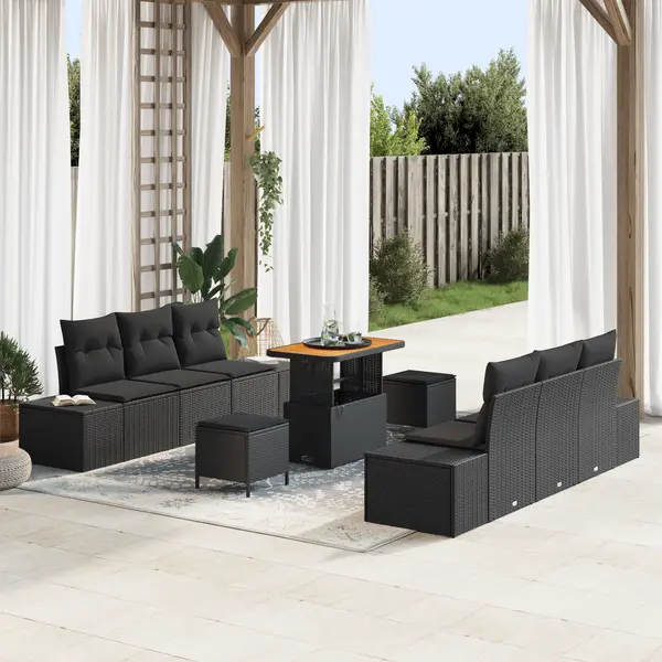 Set de canapele pentru gradina Gossi cu perne negru poliratan acacia, canapea de gradina Gossi pentru 2 persoane cu depozitare si perne negru poliratan, set de dining pentru gradina Gossi cu 3 piese si perne negru poliratan acacia
