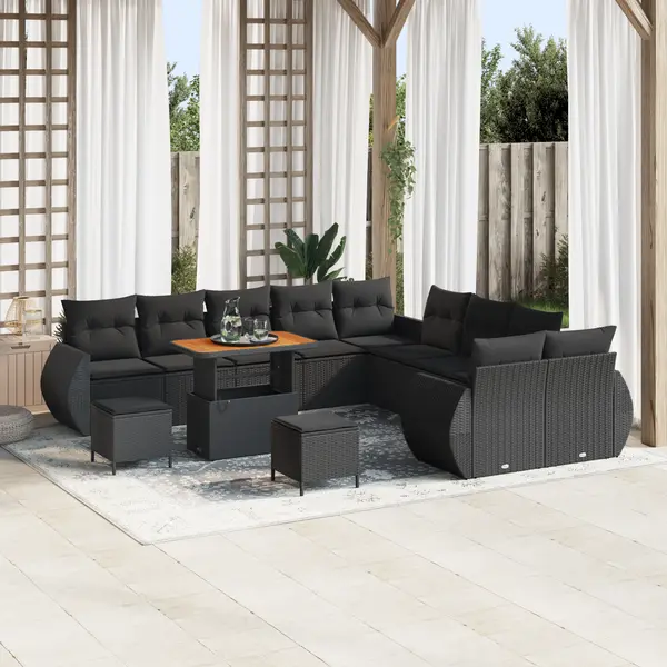 Set de canapele pentru gradina Gossi de 13 piese cu perne negre din poliratan si acacia, set de dining pentru gradina Gossi de 3 piese cu perne negre din poliratan si acacia