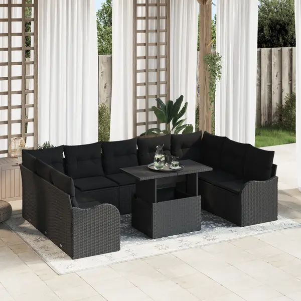 Set de canapele pentru gradina Gossi din 10 piese cu perne, negru, poliratan, canapea de gradina Gossi pentru 2 persoane cu perne, negru, poliratan
