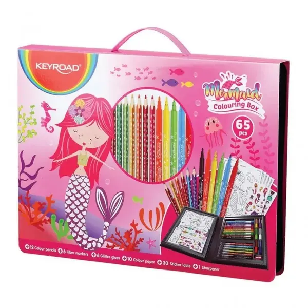 Set de colorat Keyroad Mica Sirena, 65 piese, cu creioane, carioci si stickere