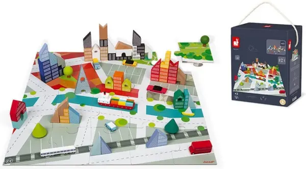 Set de constructie din lemn Janod - 60 piese + puzzle Oras