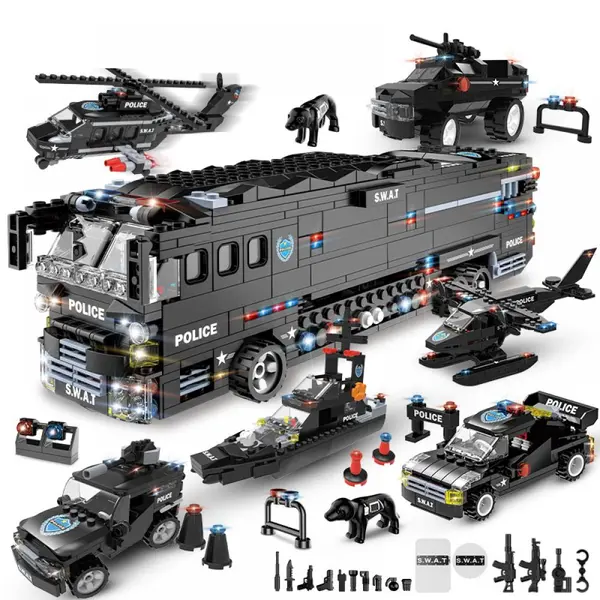 Set de constructie tip Lego Woma® - 1014 Piese, SWAT 6 in 1 cu Autobuz Militar si Vehicule de Politie