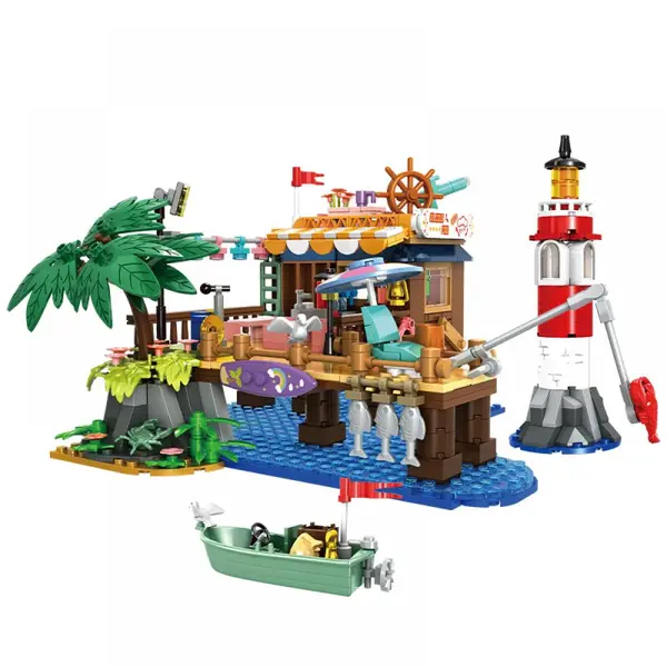 Set de constructie tip Lego Woma® - 603 Piese, Go Fishing - Barca de Pescuit, Elemente Natura si Accesorii, Tematica Pescuit