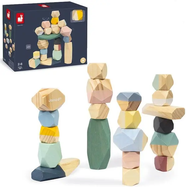 Set de constuctie din lemn Janod - Sweet Cocoon, 20 piese in forma de piatra