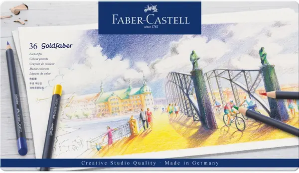 Set de creioane colorate Faber-Castell Goldfaber - 36 culori, într-o cutie metalică