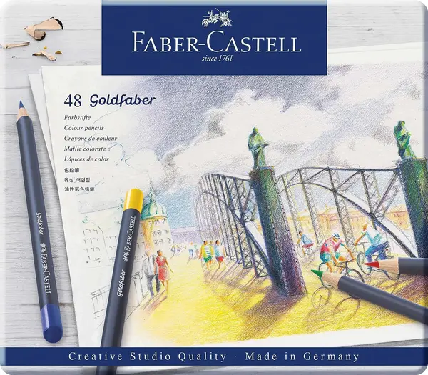 Set de creioane colorate Faber-Castell Goldfaber - 48 culori, într-o cutie metalică