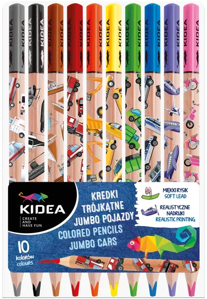 Set de creioane colorate Kidea - Jumbo Mașini, 10 Ghiozdan școlar