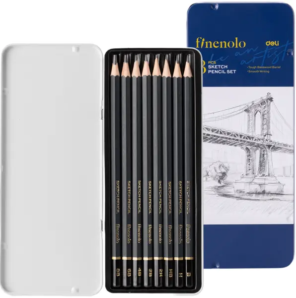 Set de creioane de grafit Deli Finenolo - EC26, 8 bucăți, cutie metalică